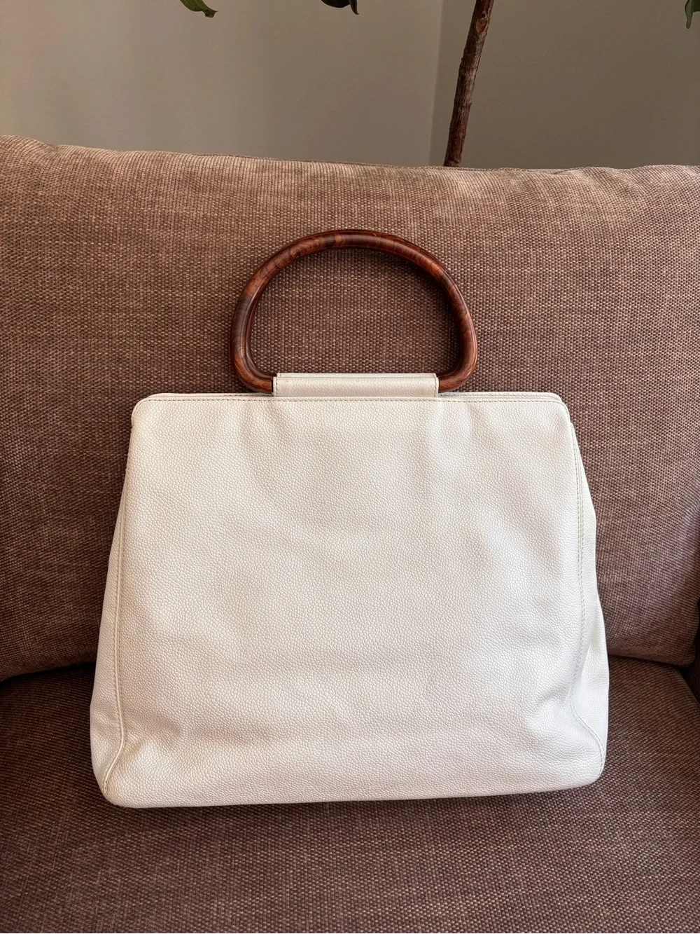 Authentic CHANEL white caviar leather wooden handles satchel bag